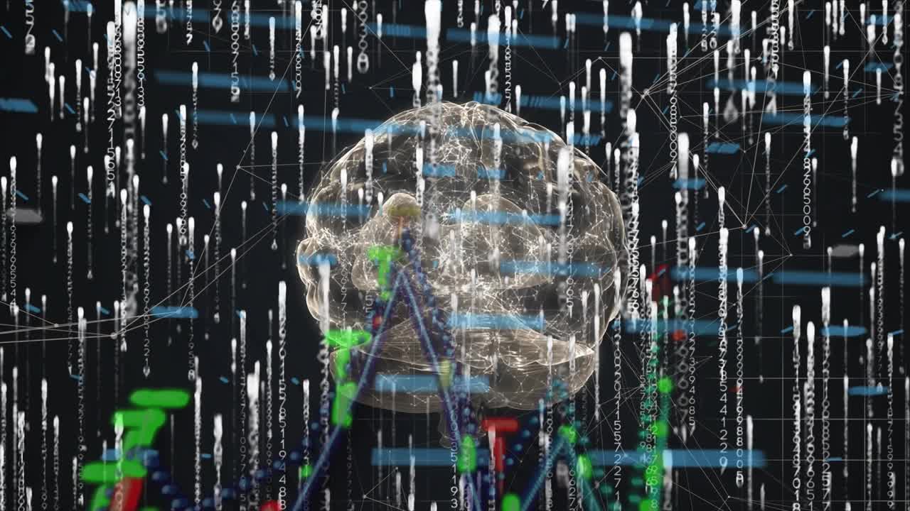 Animation of data processing and brain over black background