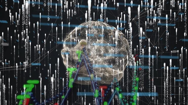 Animation of data processing and brain over black background