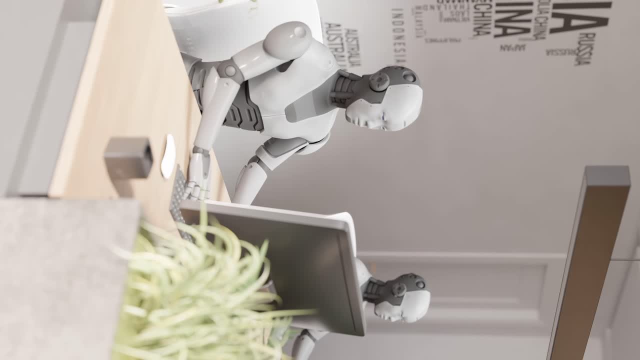 de robot humanoide vertical sentado en la oficina mientras conversa con el cliente en el sitio web y ayuda a cuidar animación de renderización 3d de chatbot