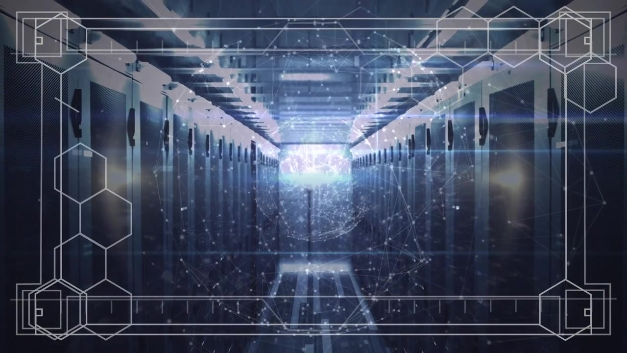 Animation of globe and data processing over server room