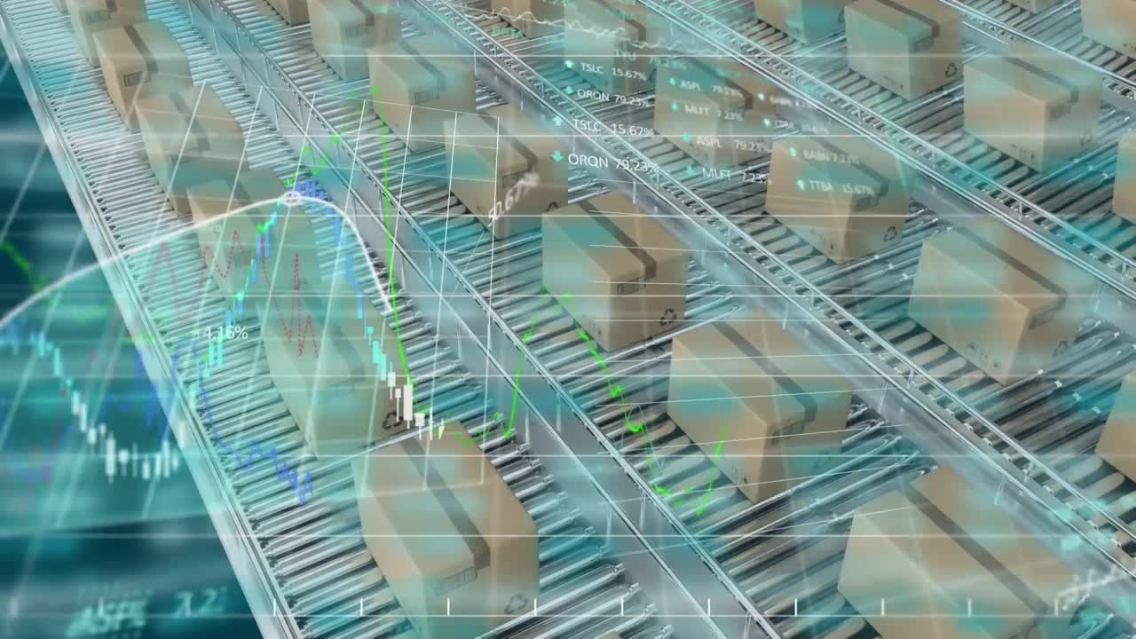 Animation of statistics showing over cardboard boxes lying on conveyor belts in the background.