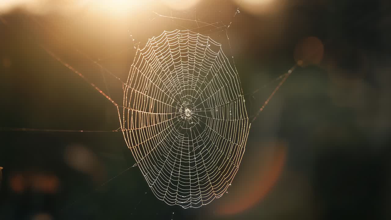 Increasing backlight, dew droplets shimmering on circular spider web at garden edge, silk threads