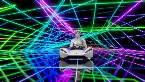 david in a futuristic sports car with neon lights