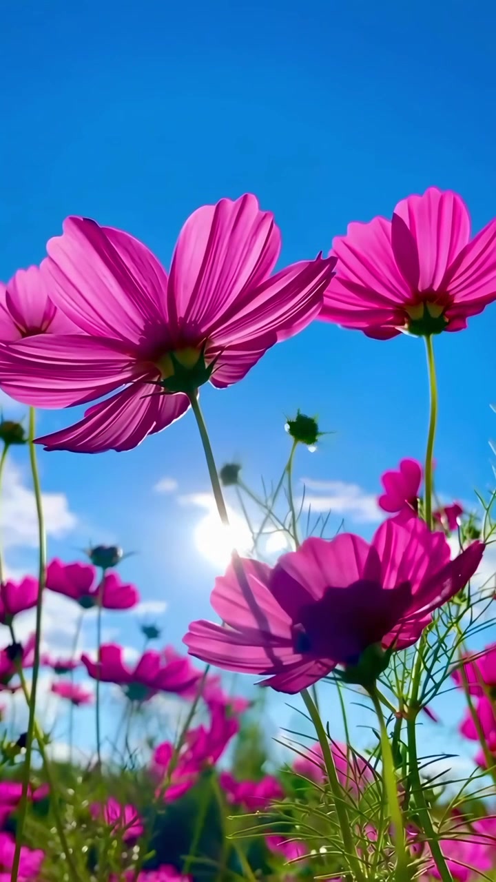 Lindas flores Cosmos cor-de-rosa florescendo sob um céu azul ensolarado