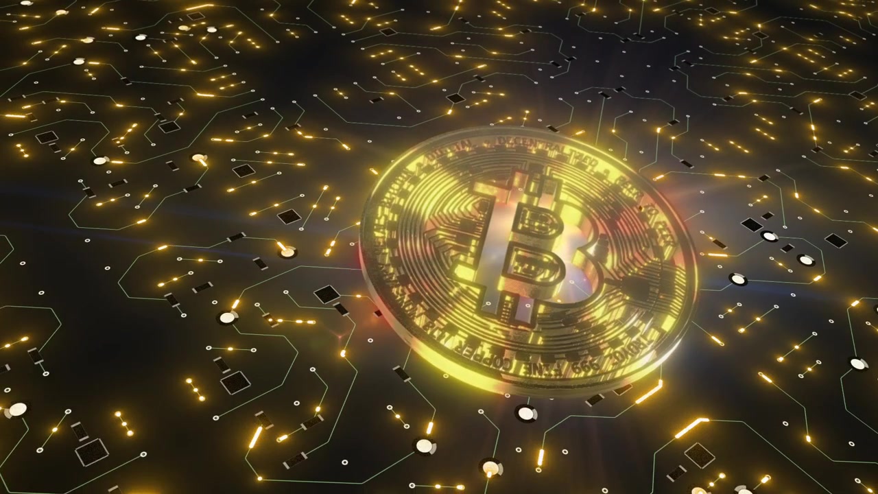 La criptovaluta Bitcoin luminosa sulla scheda di circuito