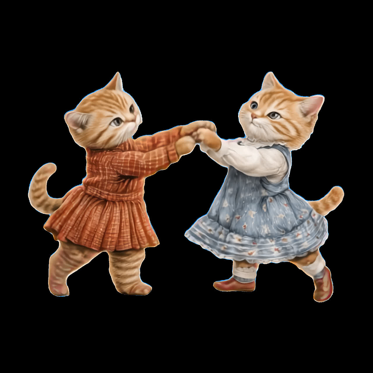 Risorsa isolata di animazione di gatti danzanti in abiti vintage, video 4K trasparente, canale alfa, ProRes