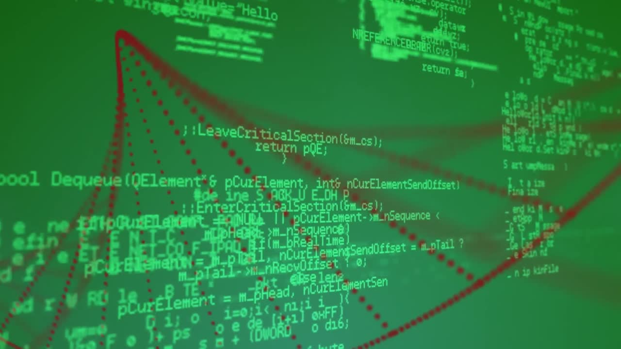 녹색 배경에서 처리 데이터 위에 회전하는 빨간색 dna 나선의 애니메이션