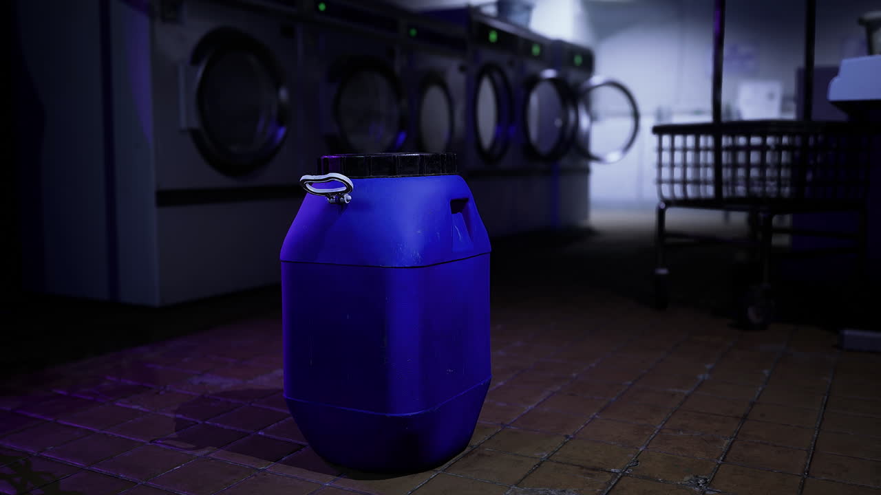 Dark blue container in a dimly lit laundry room with washing machines