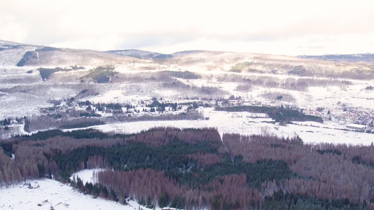 Panoramic Aerial View Of Snow-Covered Ridges And Forest In Harz Highlands, Germany