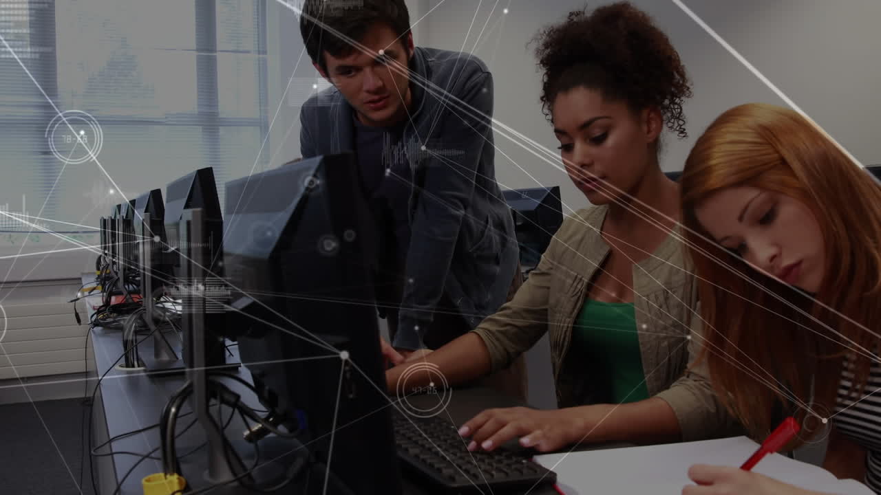 animación de la red de conexiones sobre un grupo de estudiantes que utilizan computadora y estudian en la universidad