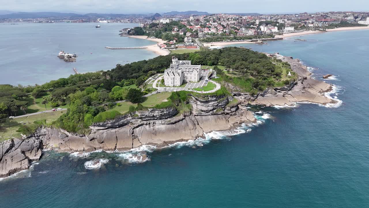 Pull back drone aerial reverse reveal Peninsula, Magdalena Santander Spain drone,aerial