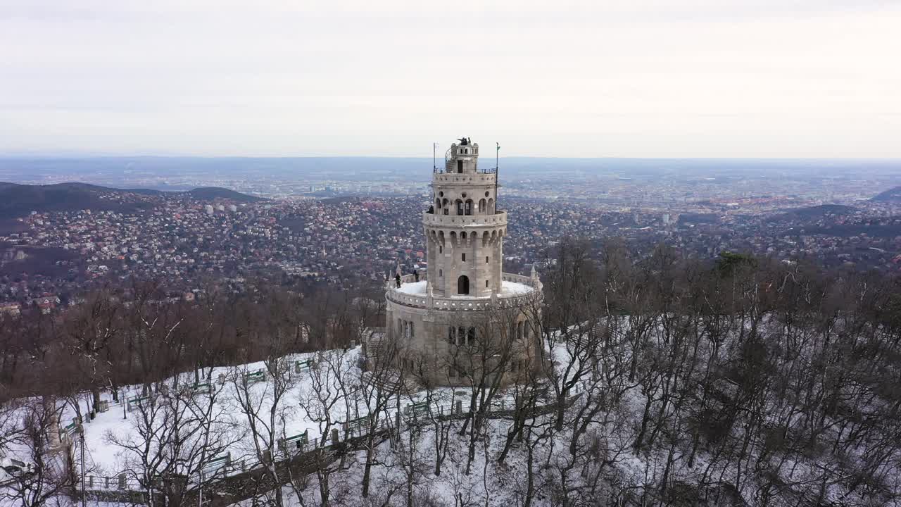 Drone footage from a viewpoint on the top of Budapest hills in Hungary in winter