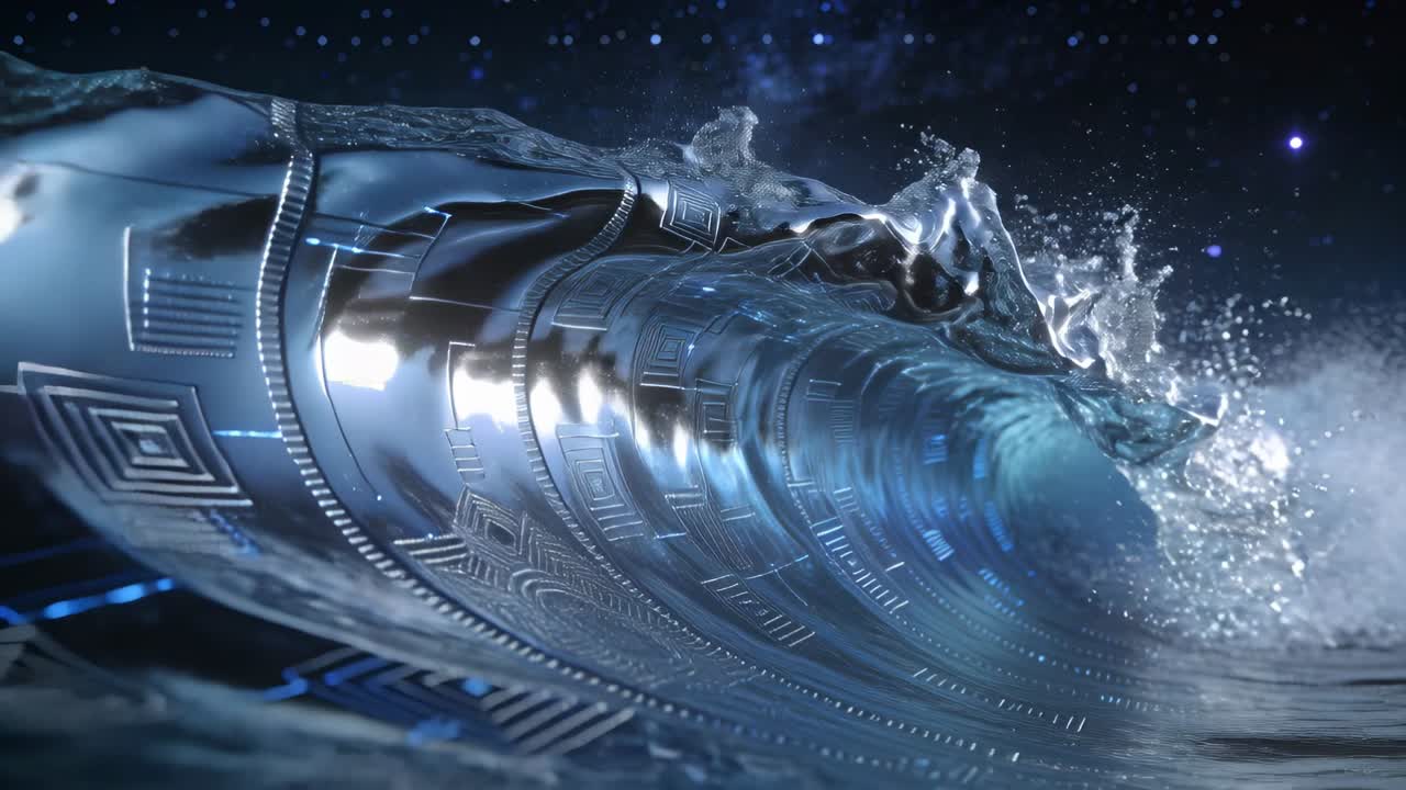 Video verticale: L'illuminazione che cambia, un'onda metallica che si incurva nell'oceano aperto, rivelando motivi incisi