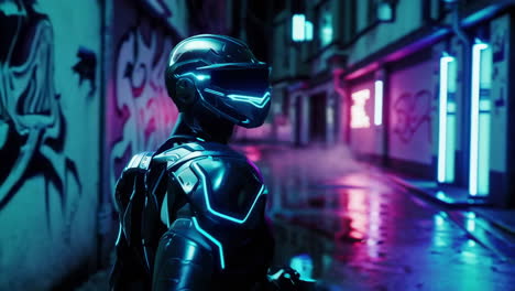 futuristic helmet in neon cyberpunk cityscape