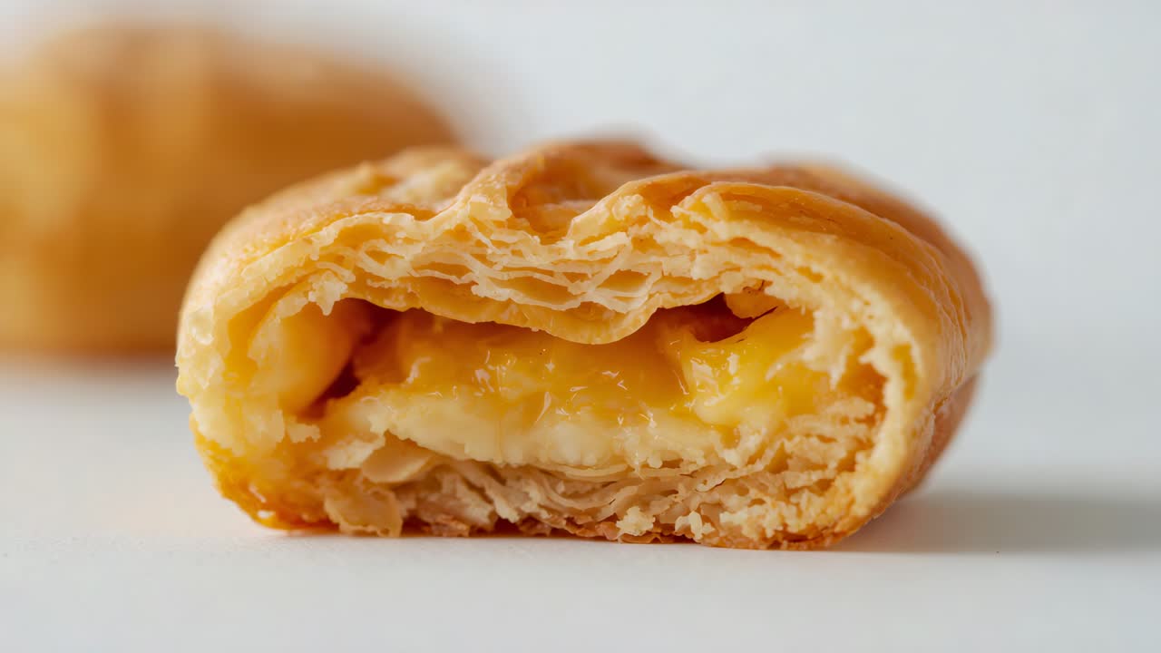 Adjusting lens revealing halved flaky pastry on white table to show layers and glossy filling