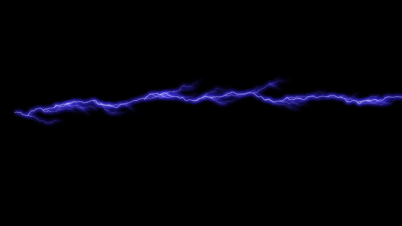 Lightning bolt / lightning strike, horizontal blue lightning forking and sparkling, video overlay, anime/ animated, black background