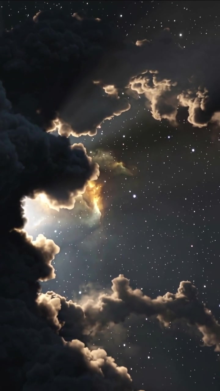 Vertical video: Thick cloud mass shifting in night sky nebula peeking and rim light revealing stars