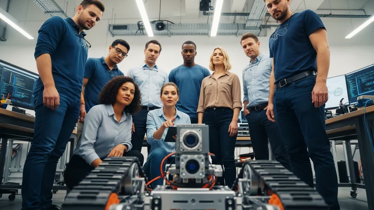 Team Collaboration in Robotics Lab: A Diverse Group of Engineers Engaged in Building and Programming an Advanced Robotic Vehicle with Cutting-Edge Technology to Innovate Solutions for Future Challenges