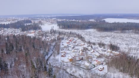 flying over village among snowbound woodlands and glades in winter