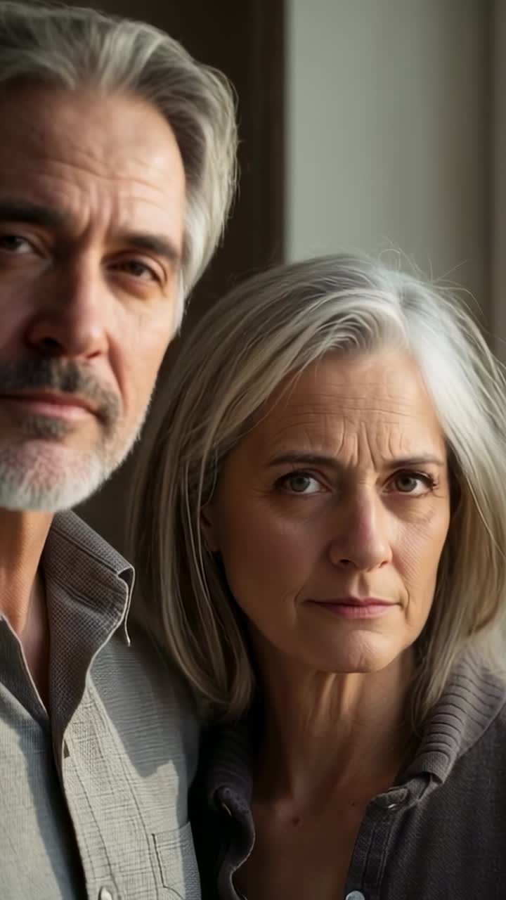Vertical video: Leaning man holding while woman in cardigan raising eyes at home by tall window