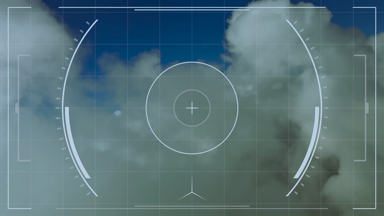 Dramatic simulation of a self-guided hypersonic speed missile HUD POV flying through cottony clouds in a blue sky