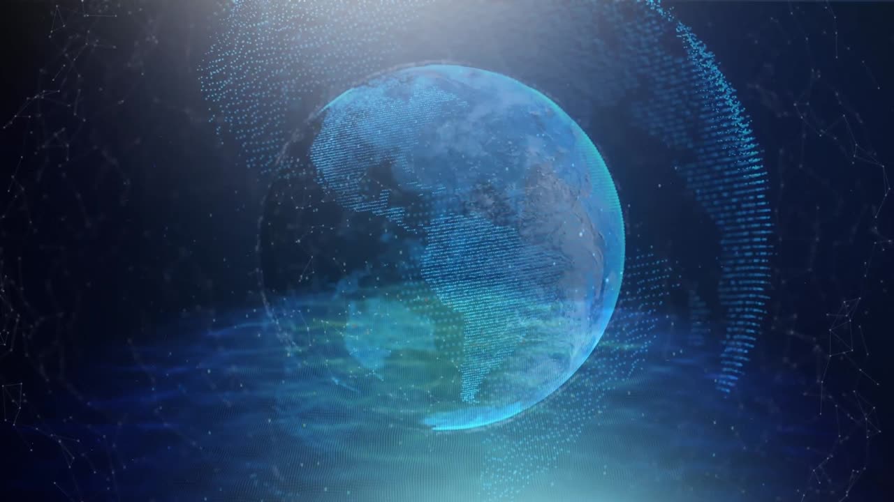 Animation of globe with network of connections over dark blue background