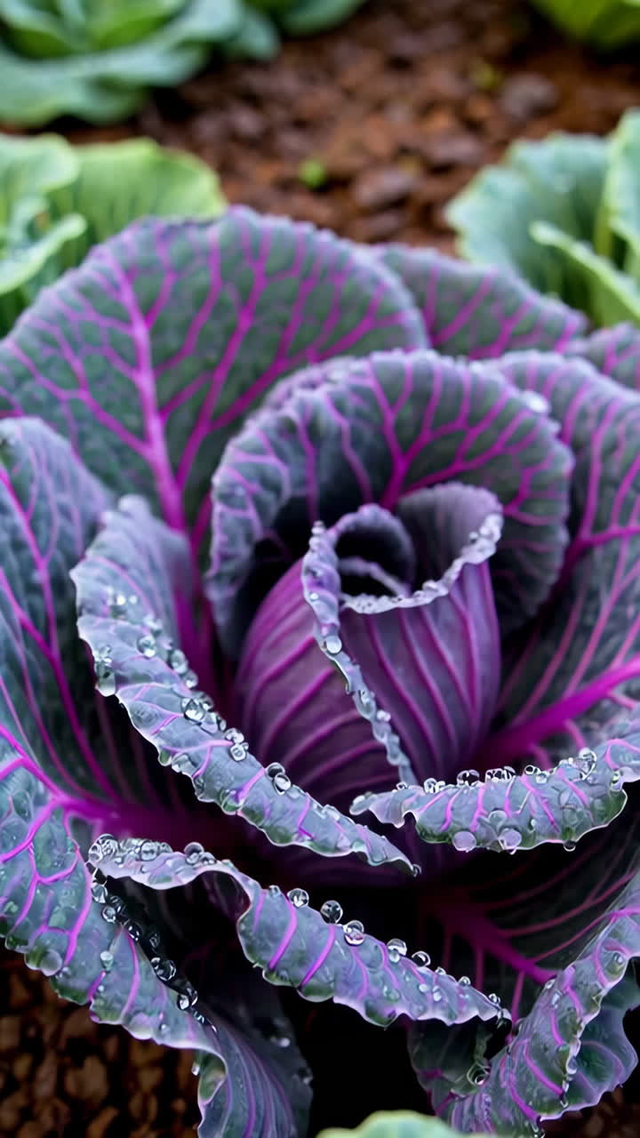 Vibrant Purple and Green Cabbage with Water Droplets in a Garden