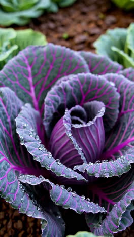 vibrant purple and green cabbage with water droplets in a garden