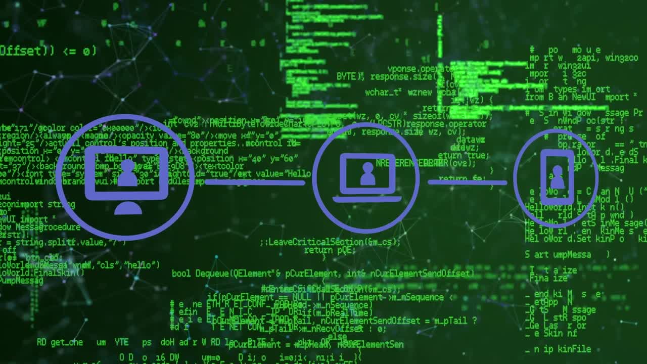 Animation of media icons and data processing over black background