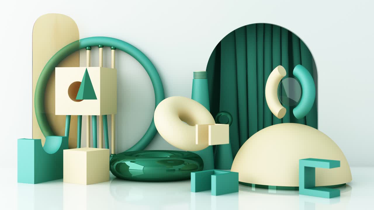 escena mínima con podio y fondo abstracto escena pastel verde amarillo y blanco. de moda para pancartas de redes sociales, promoción, exhibición de productos cosméticos. formas geométricas interior bucle de animación 3d 4k