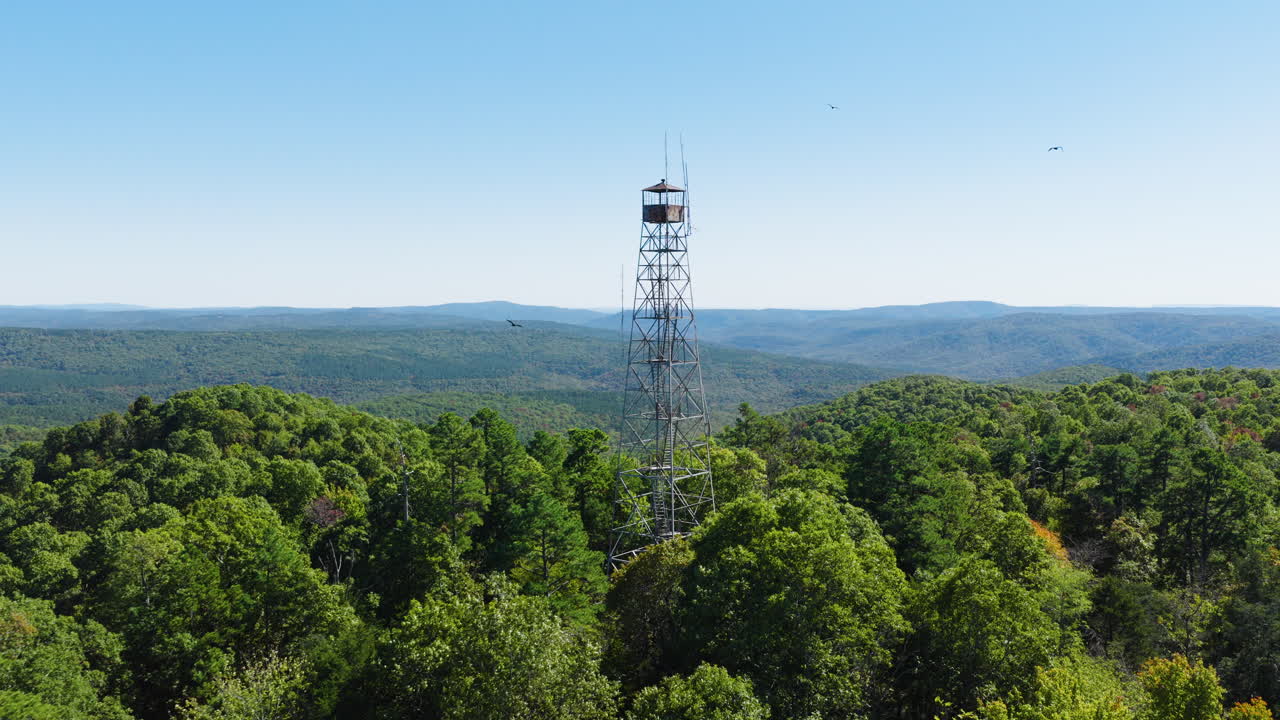 Aerial Pullback Of Devil's Knob Fire Tower In Ozark National Forest In Arkansas