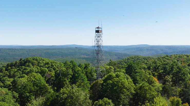 Aerial Pullback Of Devil's Knob Fire Tower In Ozark National Forest In Arkansas