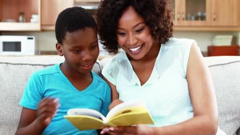 Mother-and-son-reading-a-book-in-living-room-4k