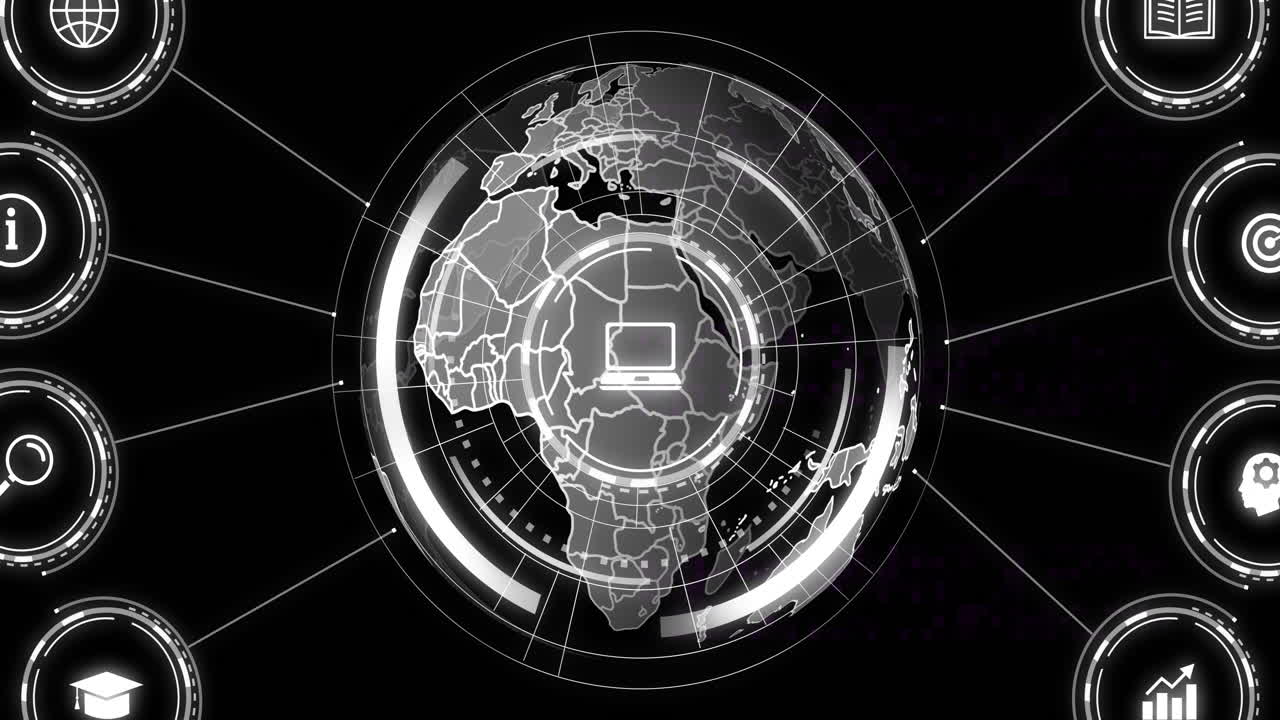 Animation of network of connections with icons over globe on black background
