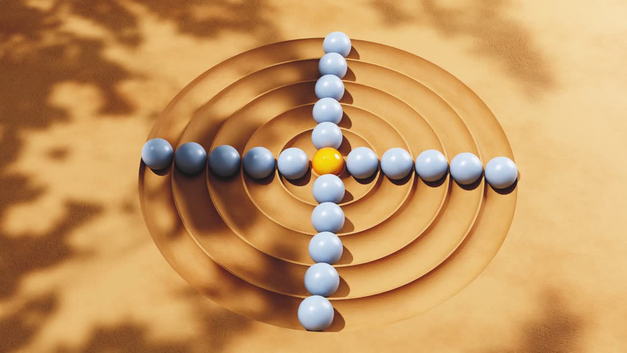Animazione astratta di sfere che si muovono su cerchi concentrici
