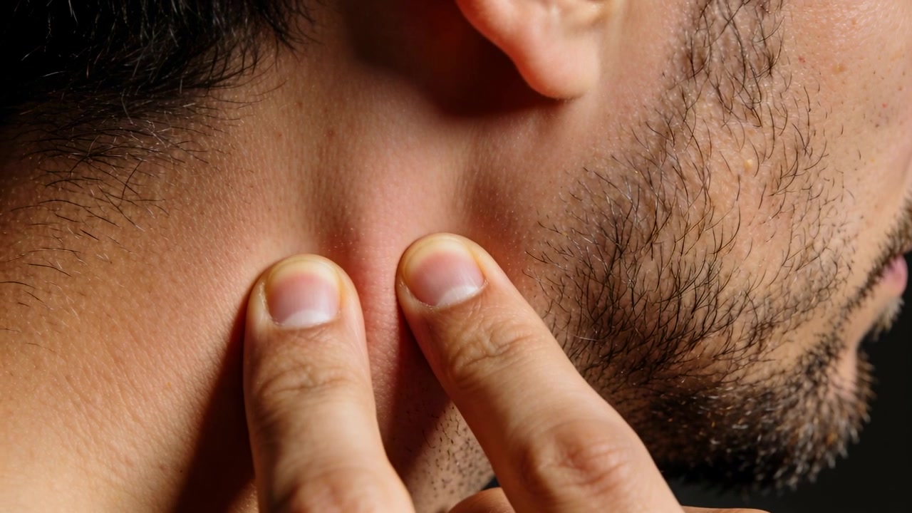 Primo piano in studio delle punte delle dita di un uomo adulto che premono dietro l'orecchio destro e la mascella, con la barba incolta.