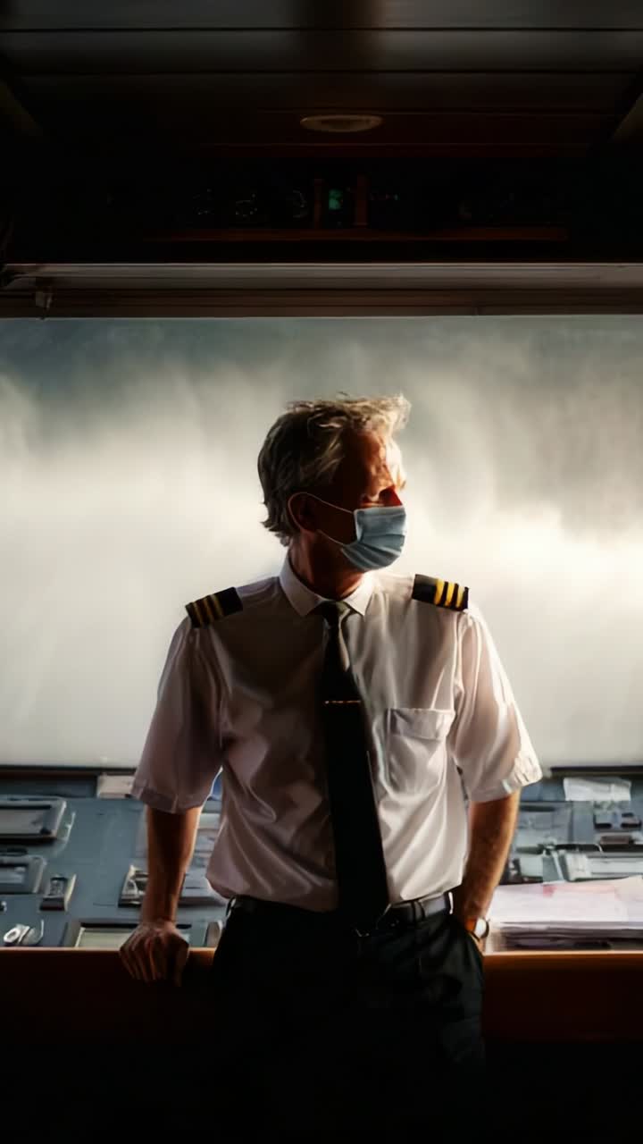 A thoughtful ship captain in a white uniform and mask gazes out at turbulent ocean waves from the bridge, embodying leadership amid challenging conditions