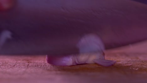 cerrar el video de las manos de un hombre cortando rodajas finas de cebolla en una tabla de cortar