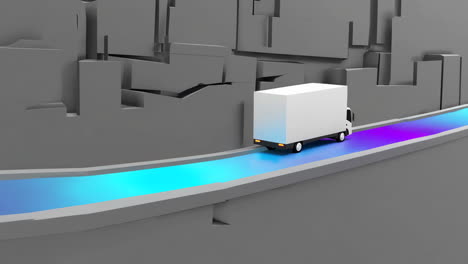 futuristic delivery truck on a neon road in an abstract city