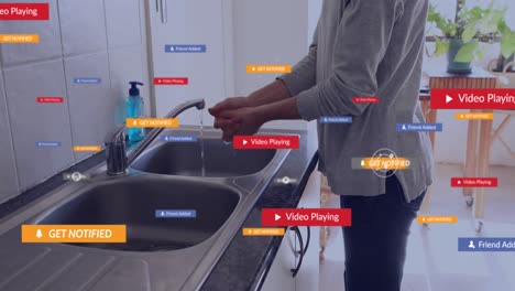 Animation-Von-Social-Media-Symbolen-Mit-Texten-über-Einer-Kaukasischen-Frau,-Die-Sich-Die-Hände-Wäscht
