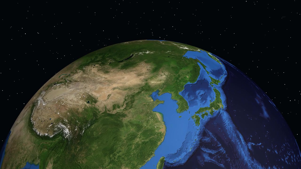 Animazione digitale che effettua uno zoom dallo spazio esterno su Chifeng, Cina, con coordinate e un indicatore di posizione.