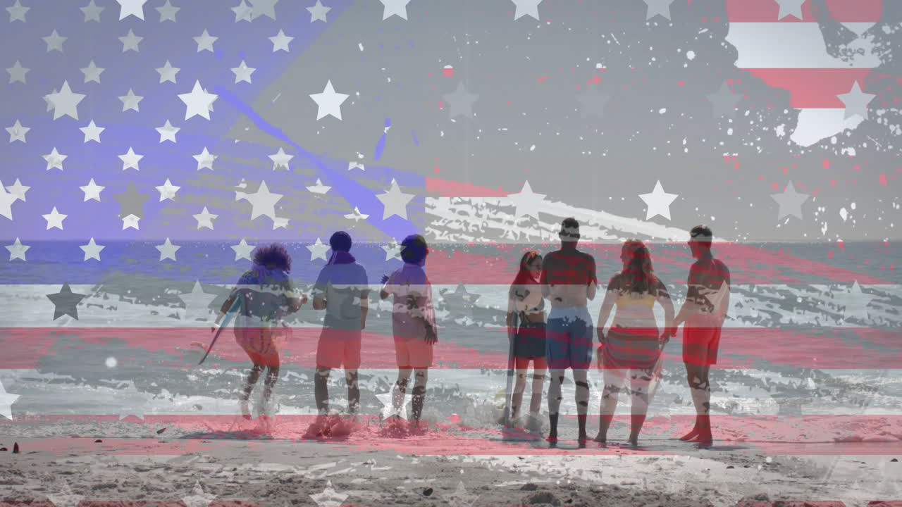 Animation of flag of usa and stars over diverse friends on beach