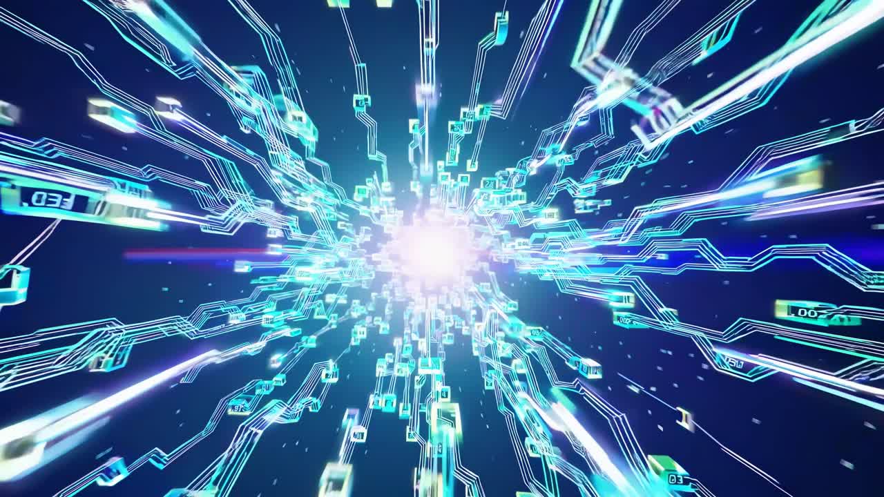 Dynamic video concept of digital data streams in a futuristic style, captured from a central