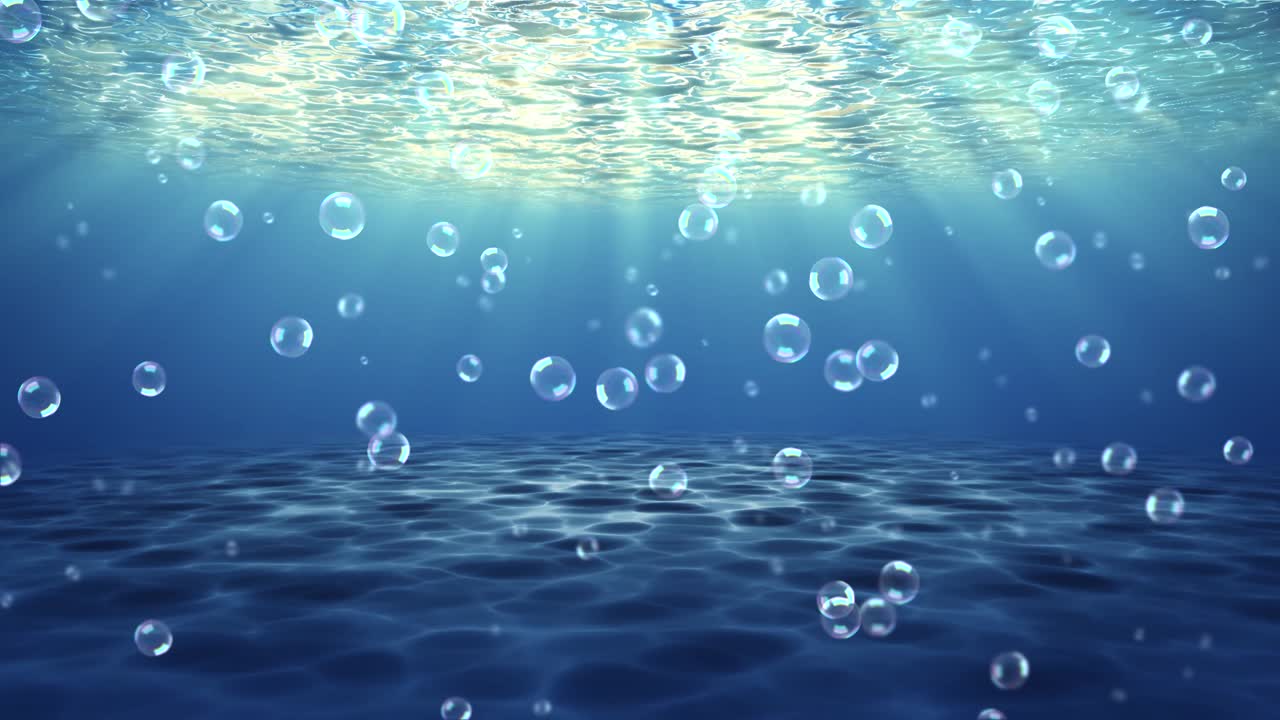 공기 거품이 폭발하여 공기 바다 바닥을 방출합니다. 물 표면 4k 3d 녹색 스크린 루프 애니메이션.