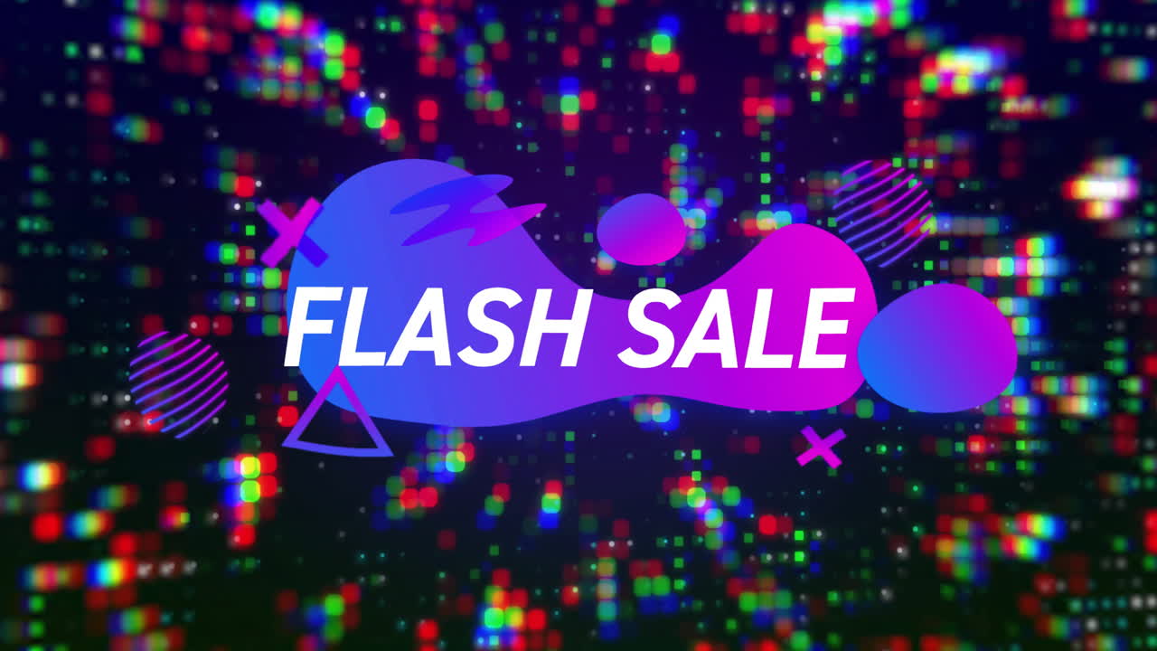 검은색 배경의 다채로운 모양과 밝은 반점 위에 거대한 판매 텍스트의 애니메이션