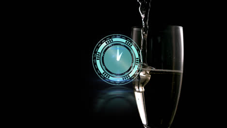 animation of digital clock over champagne glass on black background