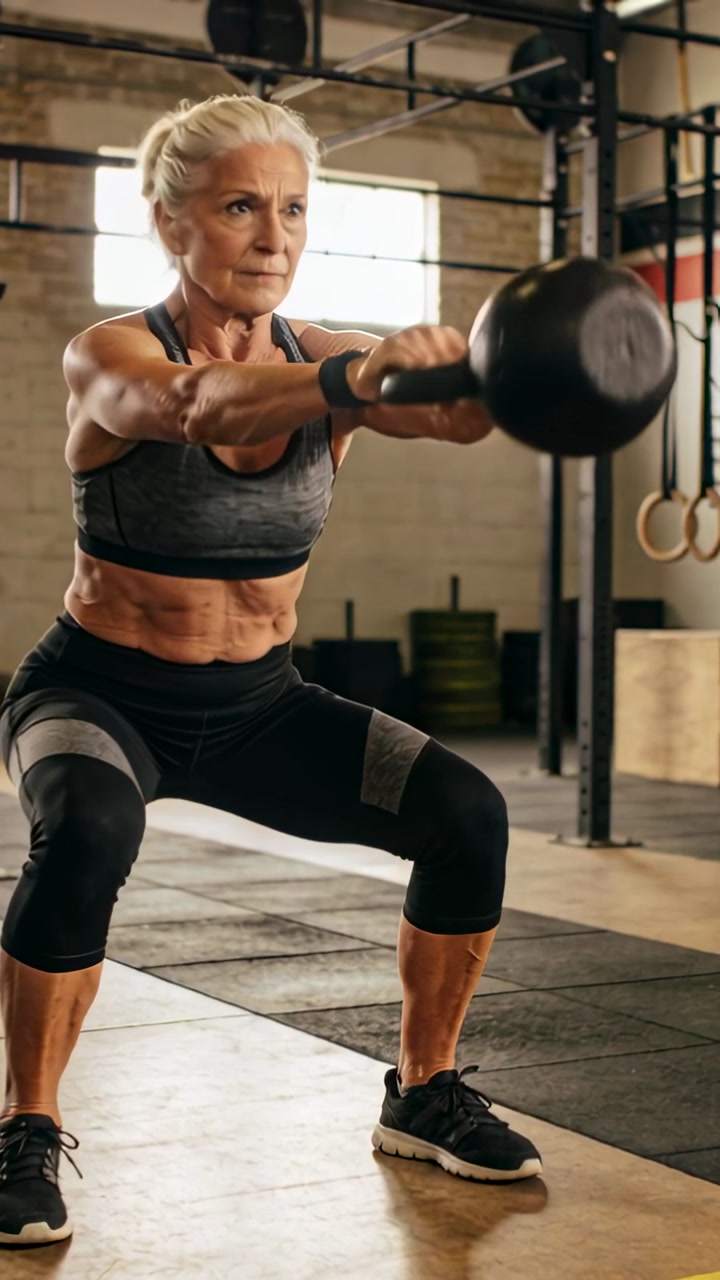 Vertical video: Driving hips senior woman swinging kettlebell on platform in gymwear for fitness
