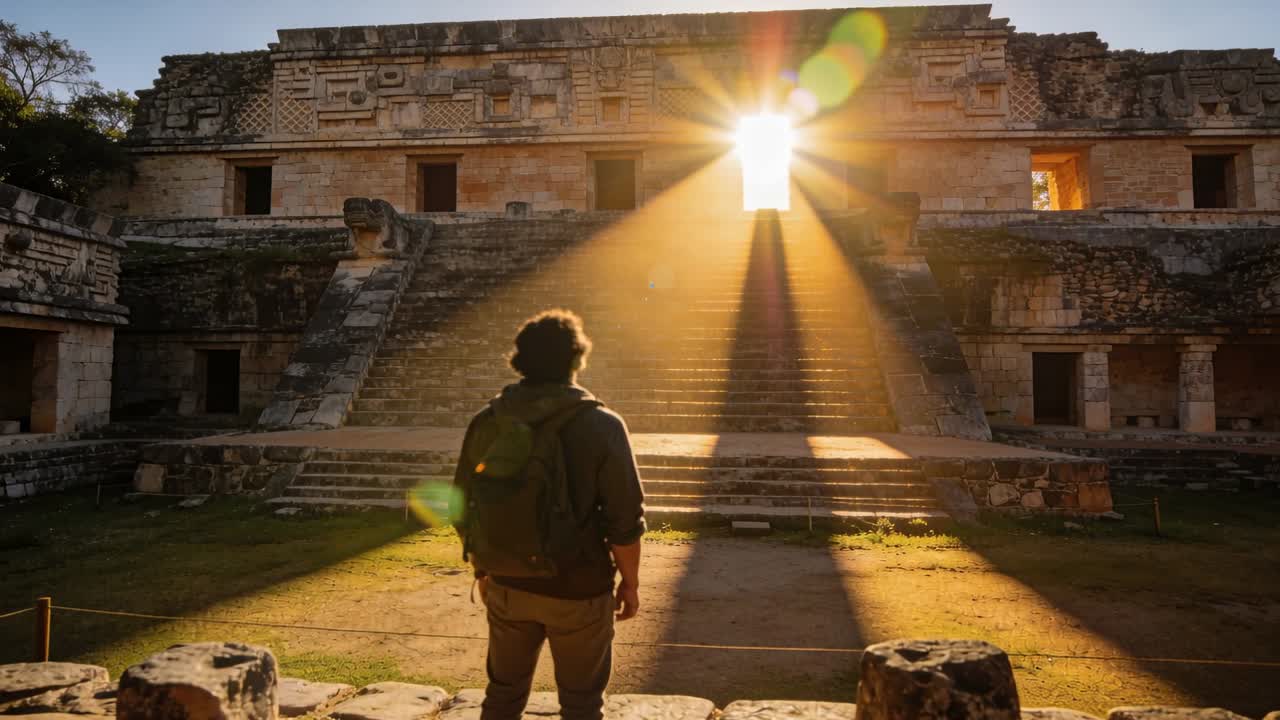 Viaggiatore maschio con zaino in spalla che si dirige verso i passi di un viaggio, mentre un raggio di sole allinea un ingresso, cercando un portale.