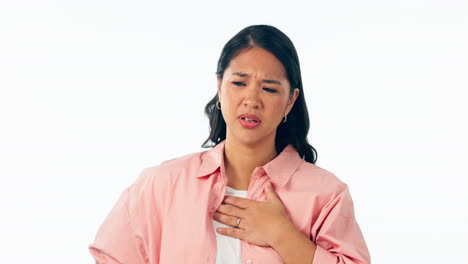 Woman,-chest-and-sick-of-pain-in-studio