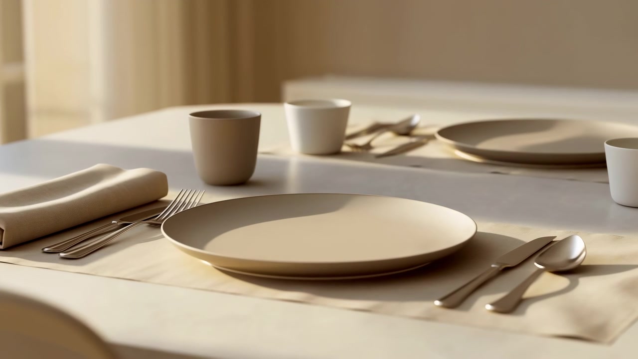Warm sunlight spreads across pale tableware and neatly arranged utensils while slow camera movement reveals soft shadows, beige curtains, and a calm neutral dining interior.